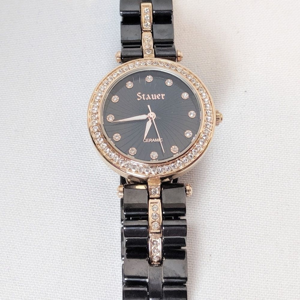 Staur Black & Rhinestone Stainless Steel Watch
